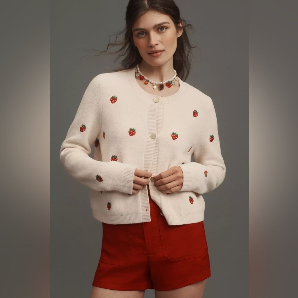 New Anthropologie NVLT Strawberry Print Knit Lady Jacket Size XL